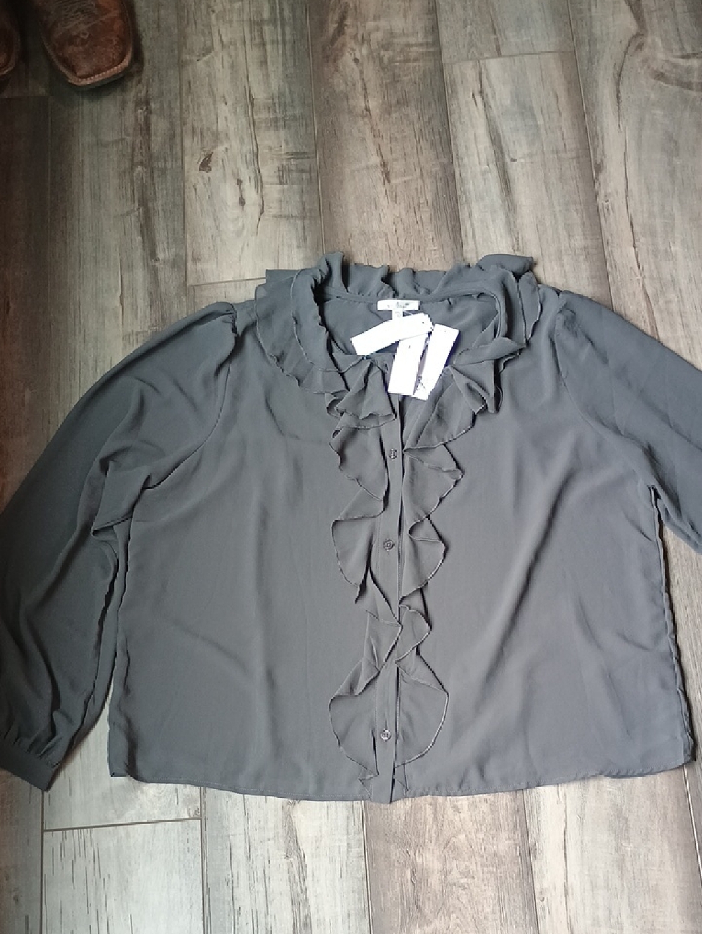 Ruffled Front Long Sleeve Blouse - Gray